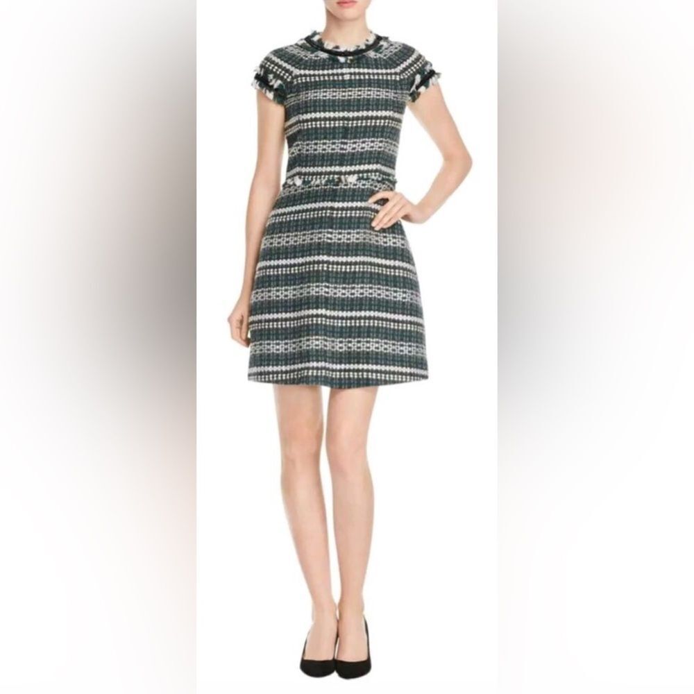 TORY BURCH Norfolk Green Black/Green Tweed Cap Sleeves A-line Sequin Dress $395